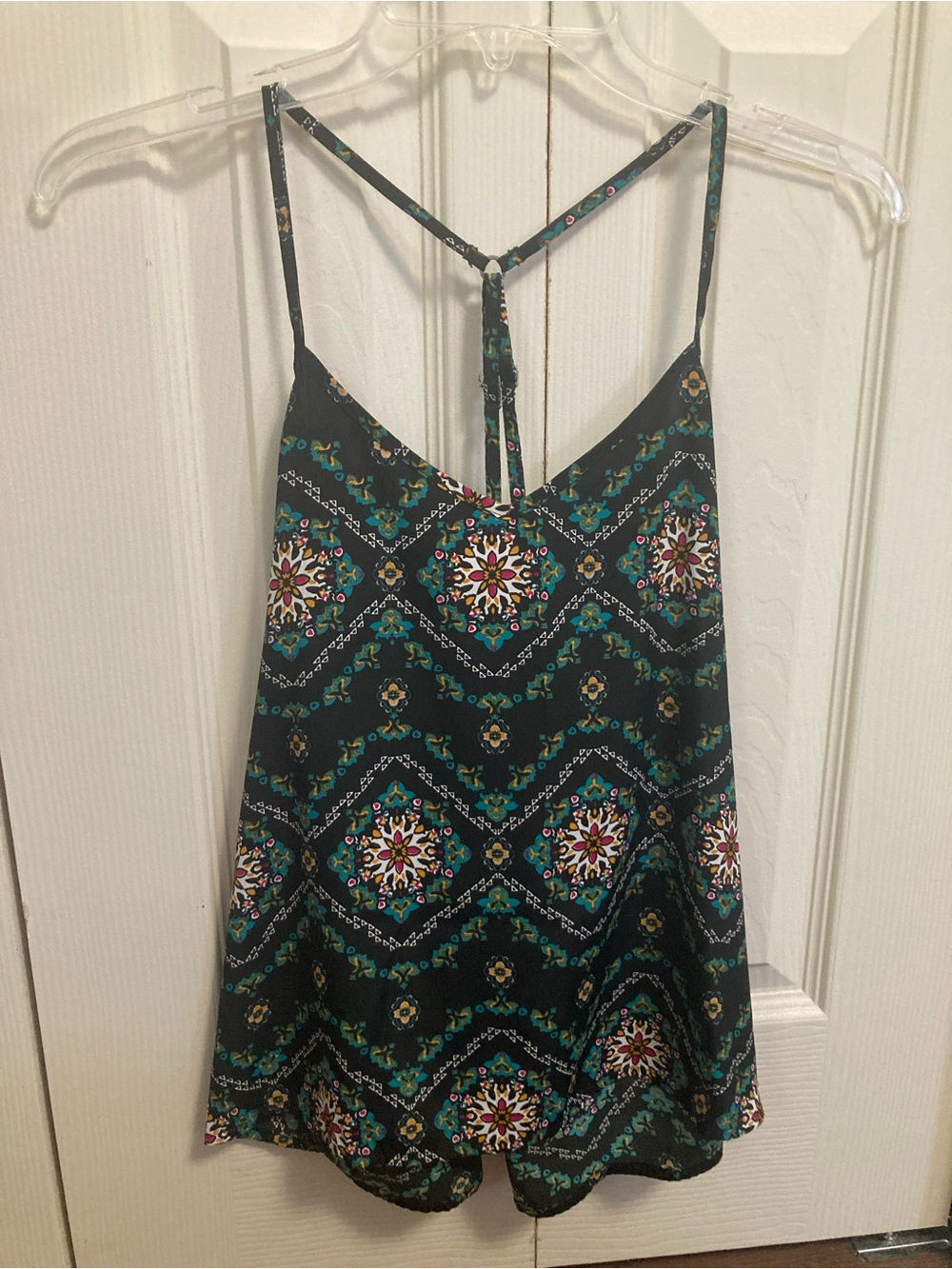 Hollister Black Strappy Tank with Teal & Yellow Medallion Print